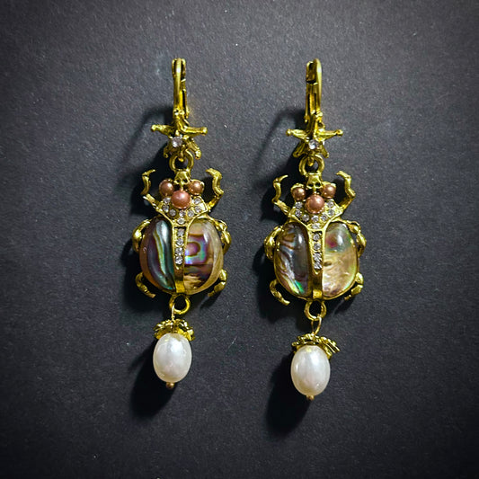 Scarab & Baroque Pearl Abalone Earrings