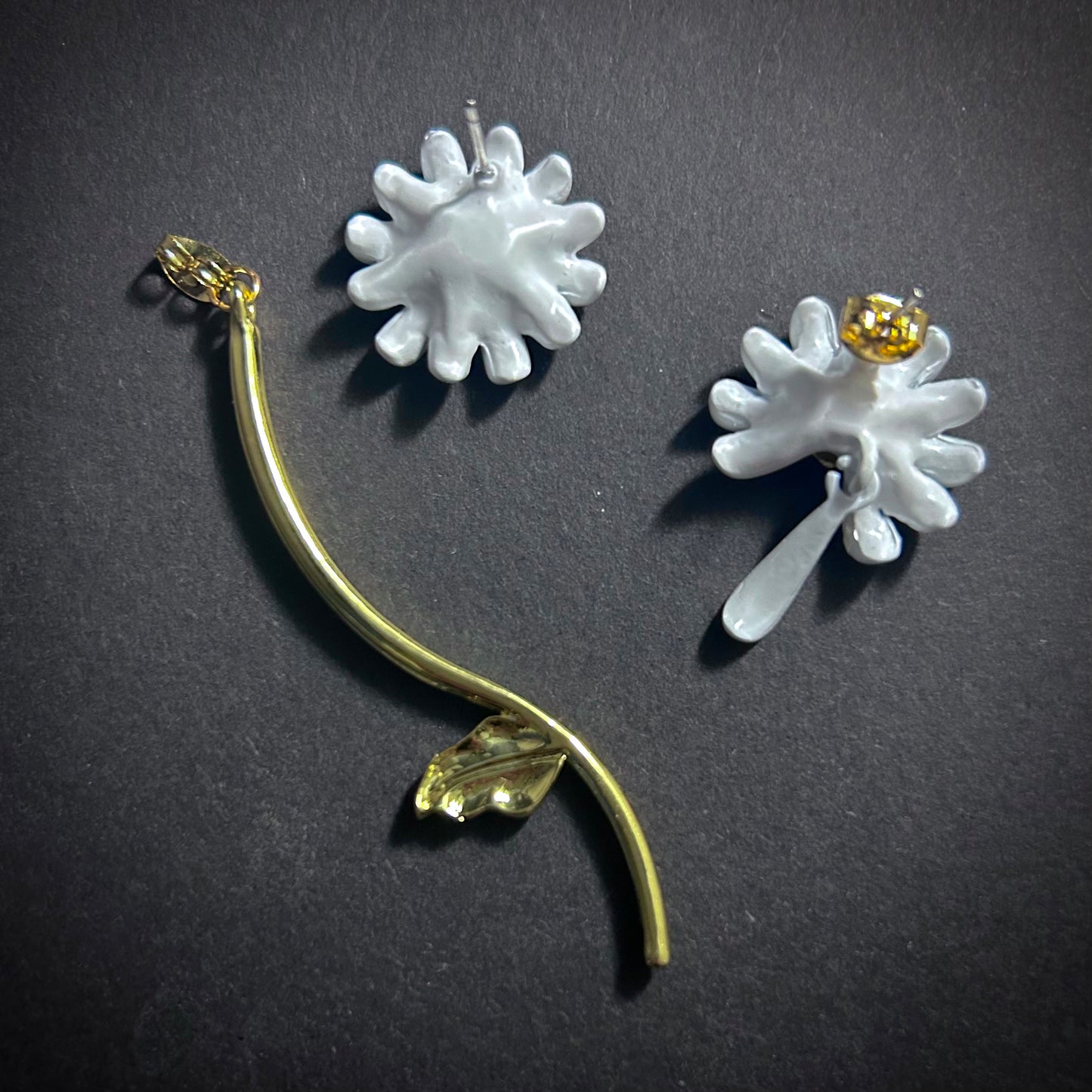 Daisy Flower Asymmetrical White & Gold Falling Petal Stud Earrings