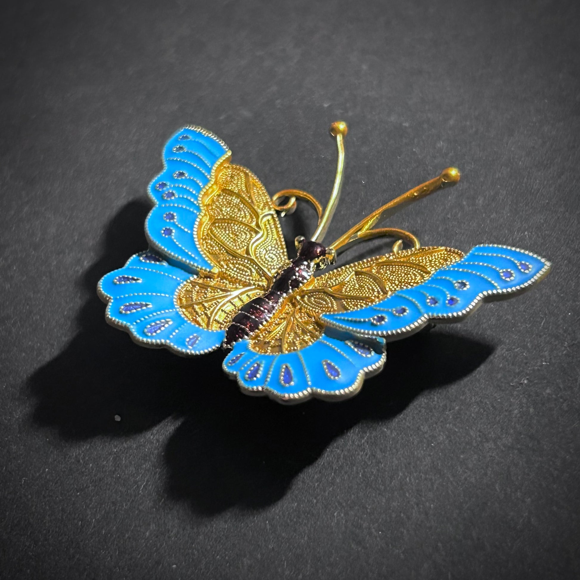 Intricate Butterfly Brooch with 18K Gold Plating & Blue Cloisonné Enamel