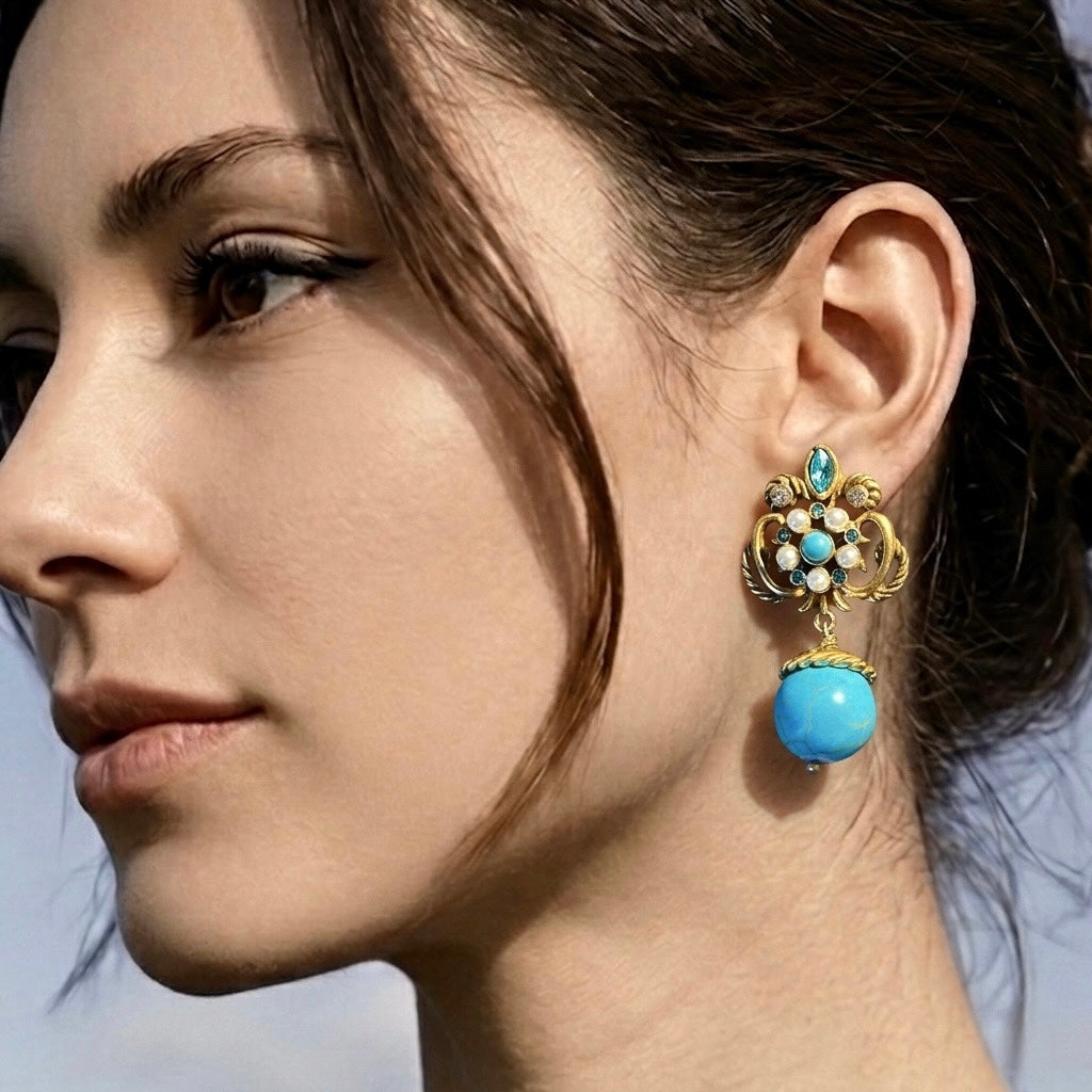 Ornate Turquoise & Gold Statement Earrings