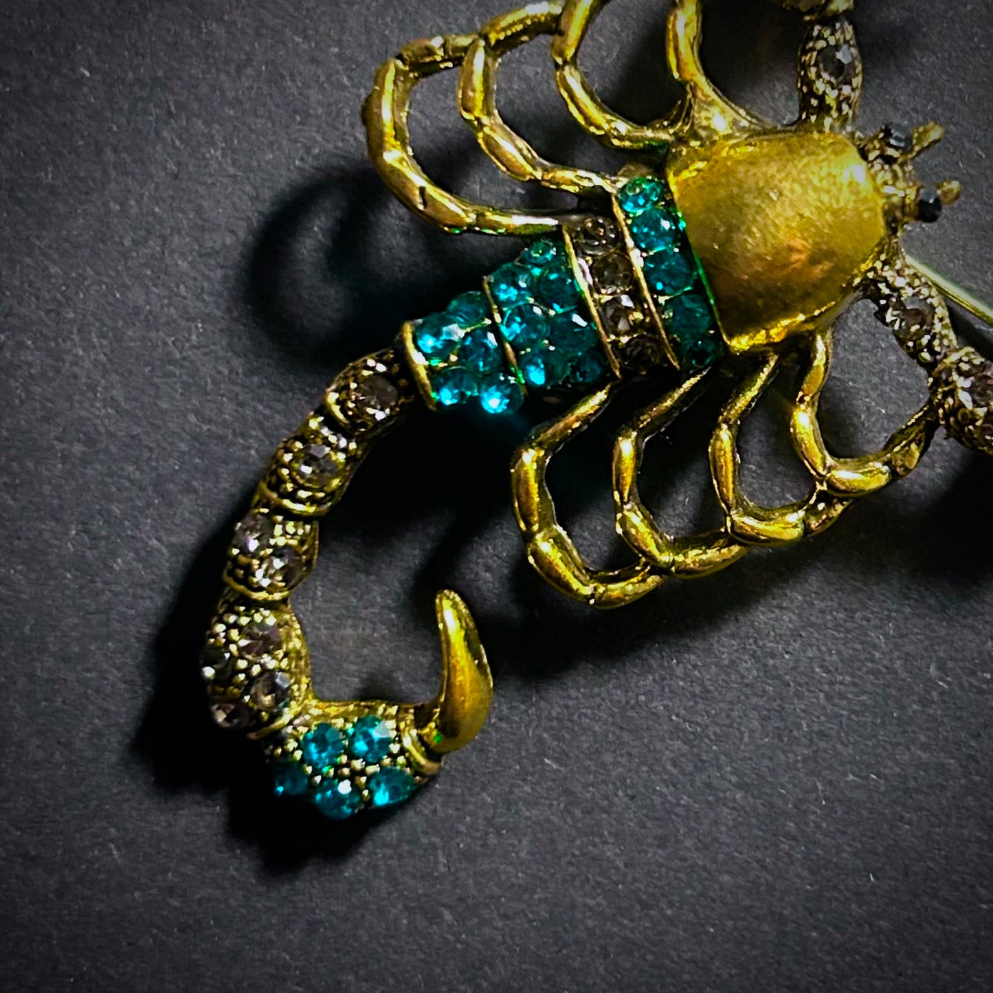 Gold Scorpion Brooch with Turquoise & Clear Rhinestones