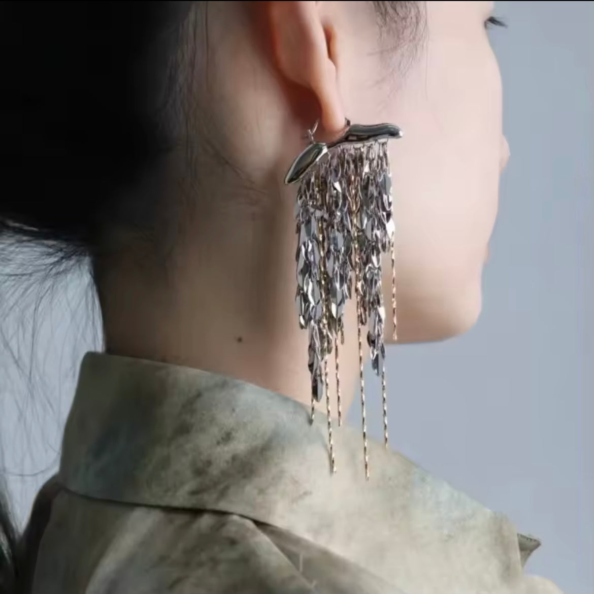 Leaves & Chain Organic Shaped Mixed Metal Tassel Statement Earrings