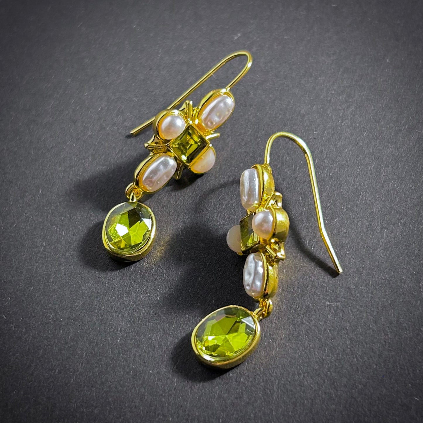 Art Nouveau Baroque Pearl Earrings in Apple Green & Gold