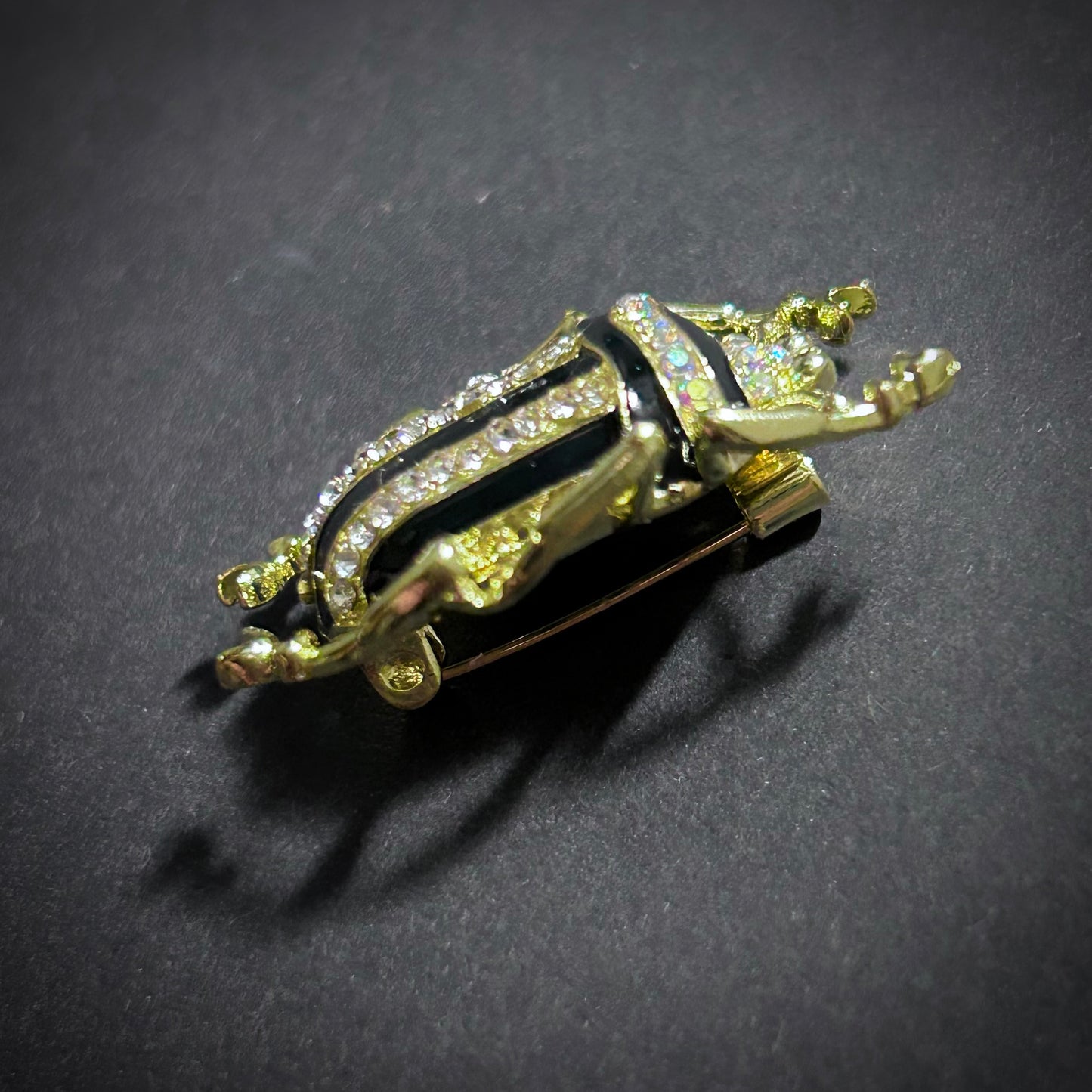 Art Deco Black Enamel & Rhinsestone Gold Beetle Brooch