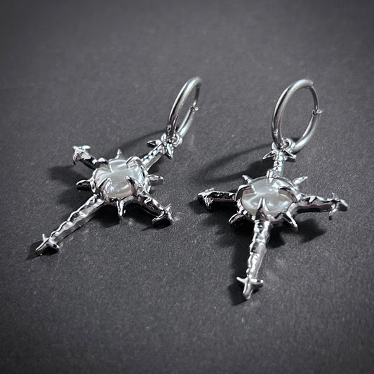 Thorn Cross & Baroque Pearl Silver Earrings