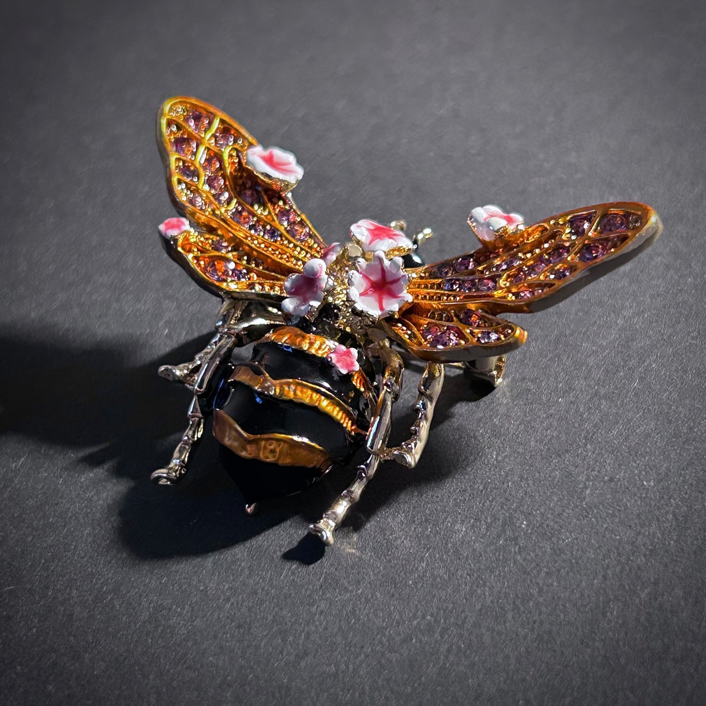 Bee & Flowers Enamel Amethyst Rhinestone Brooch