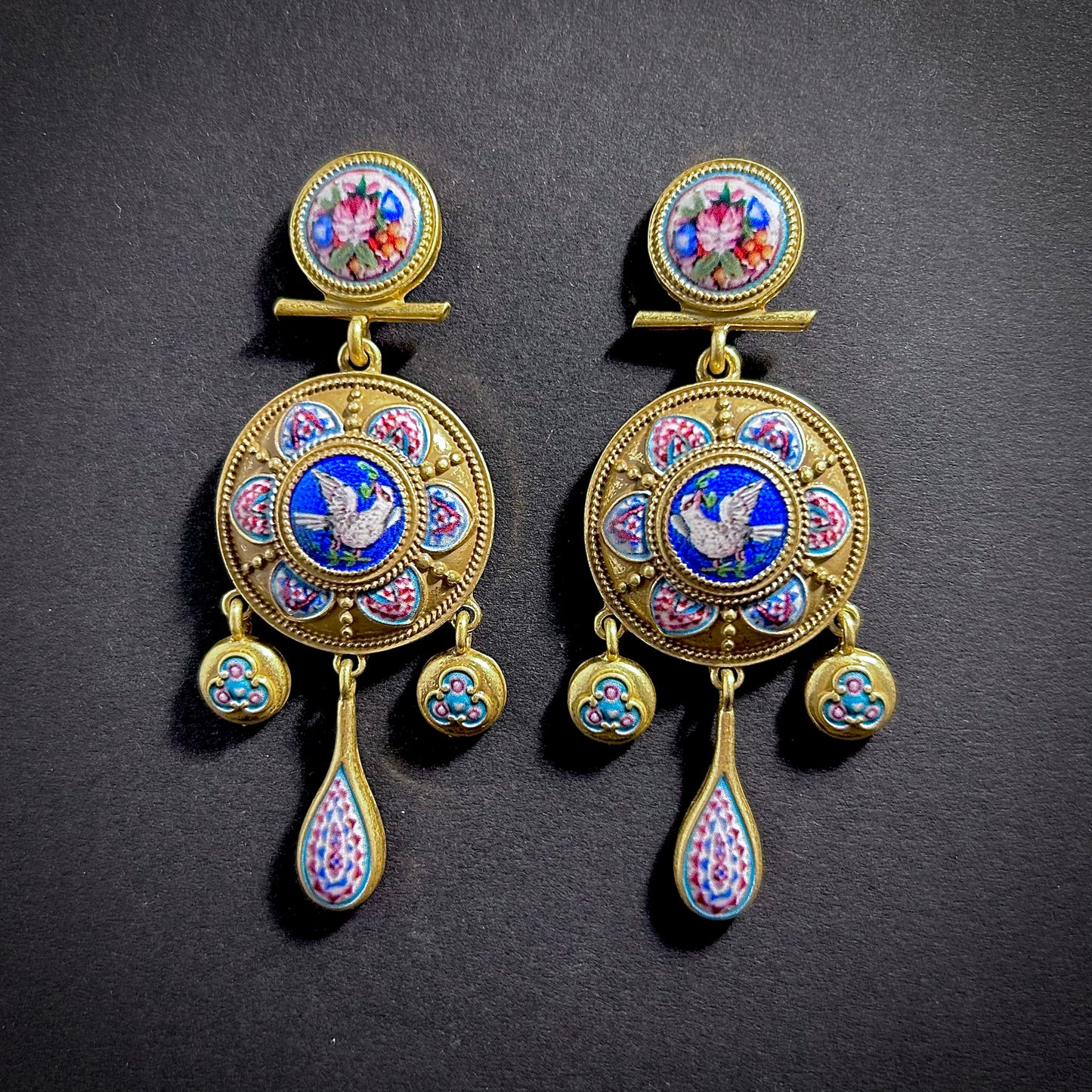 Victorian Micro Mosaic Chandelier Earrings in Gold