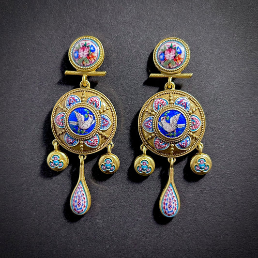 Victorian Micro Mosaic Chandelier Earrings in Gold