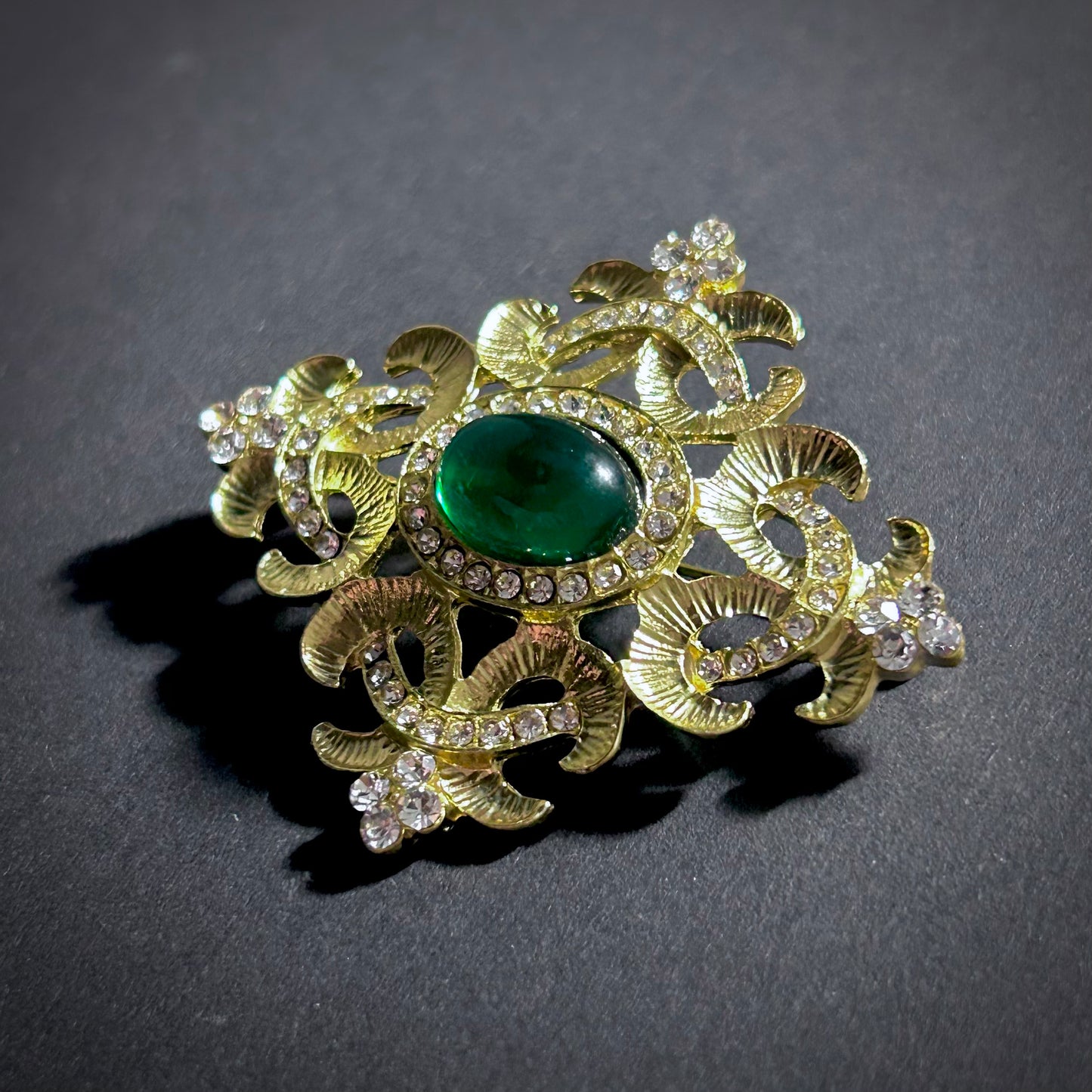 Gold & Green Rhinestone Ornate Brooch