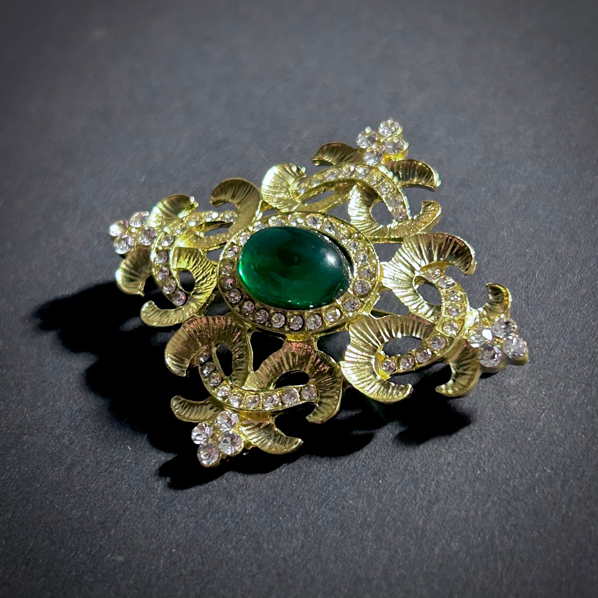 Gold & Green Rhinestone Ornate Brooch