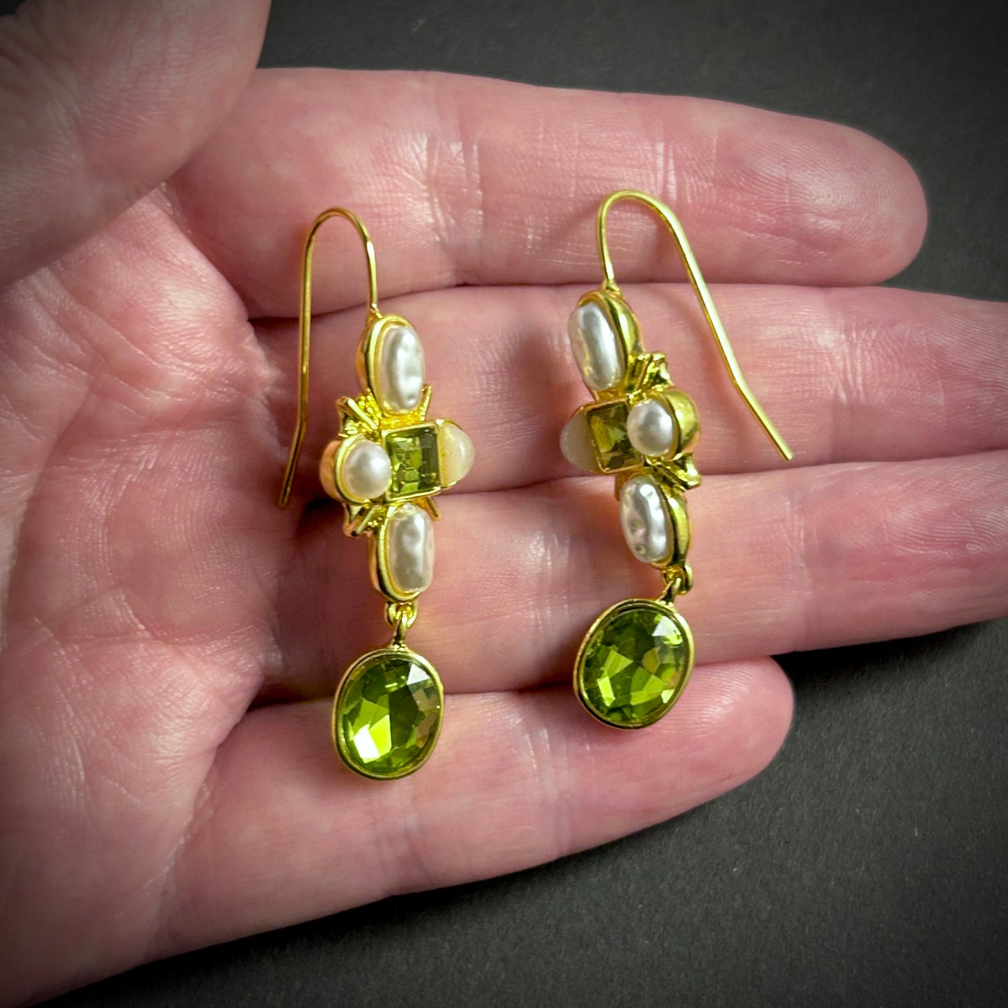 Art Nouveau Baroque Pearl Earrings in Apple Green & Gold
