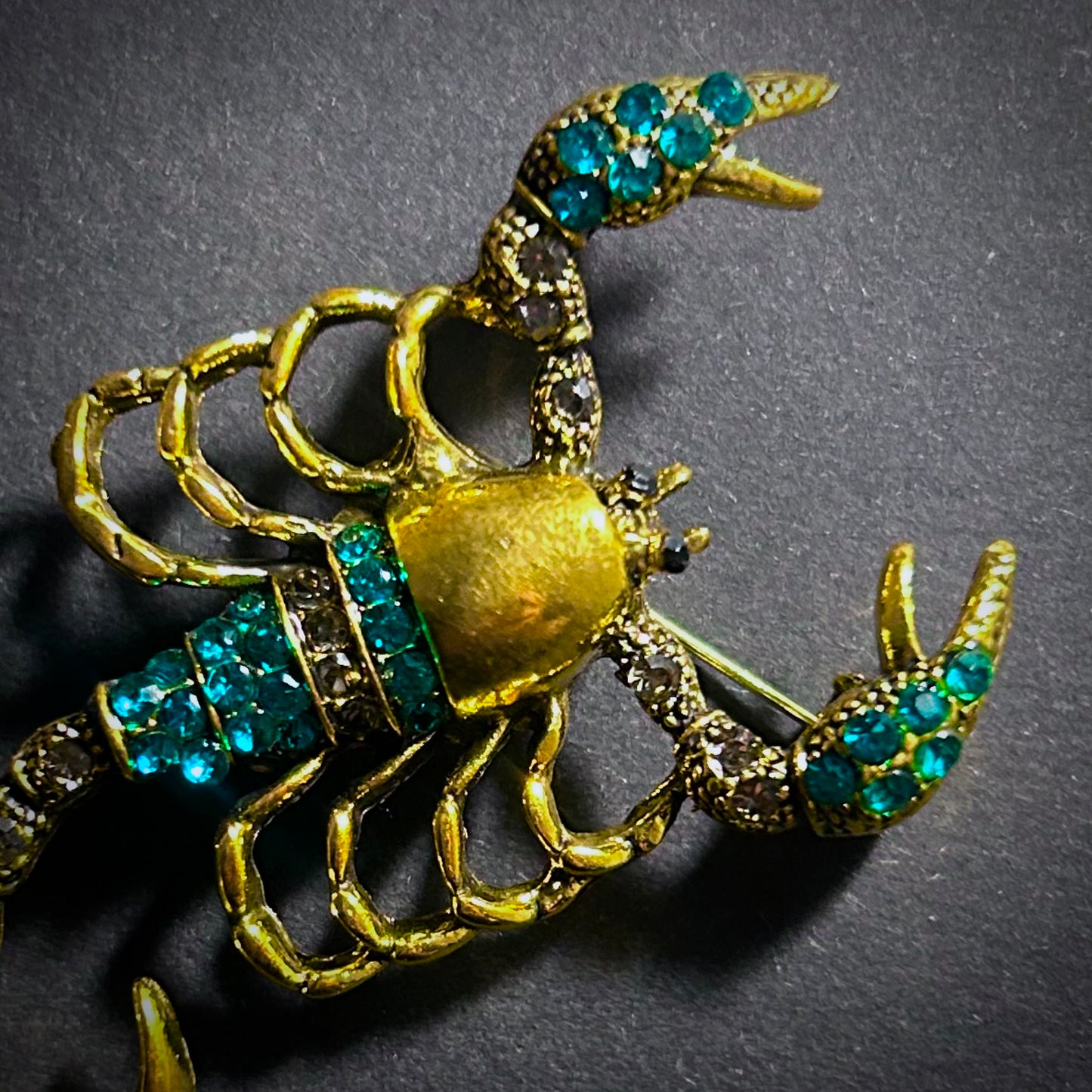 Gold Scorpion Brooch with Turquoise & Clear Rhinestones