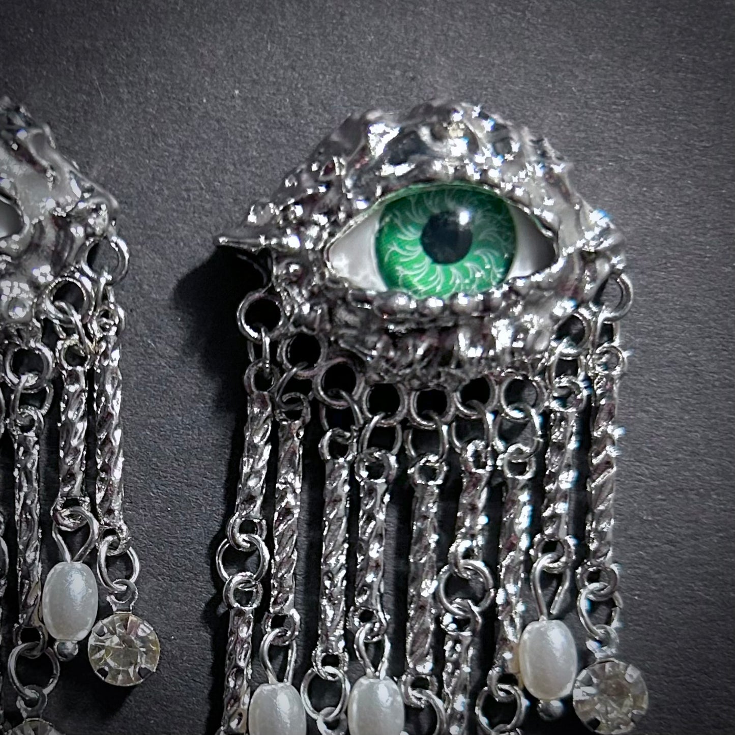 Green Eyes & Baroque Pearl Silver Fringe Surrealist Earrings