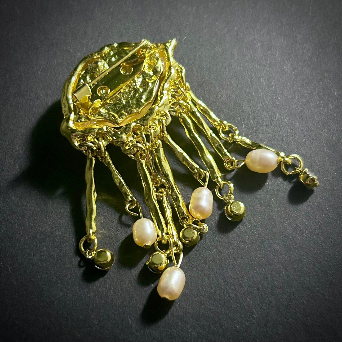 Green Eyes & Baroque Pearl Gold Fringe Surrealist Brooch