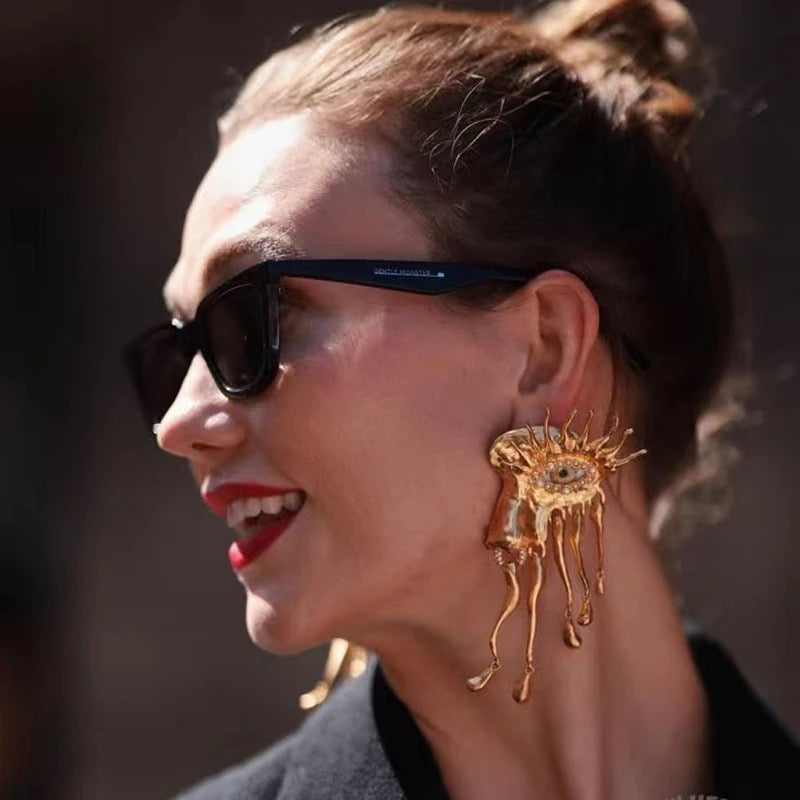 Yellow Eye Dripping Metal Fringe, Gold & Rhinestones Surrealist Earrings