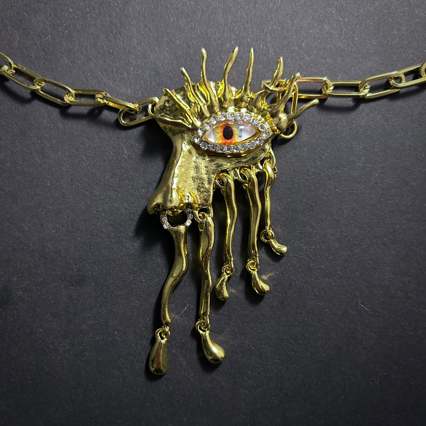 Yellow Eyes Dripping Metal Fringe, Gold & Rhinestones Necklace