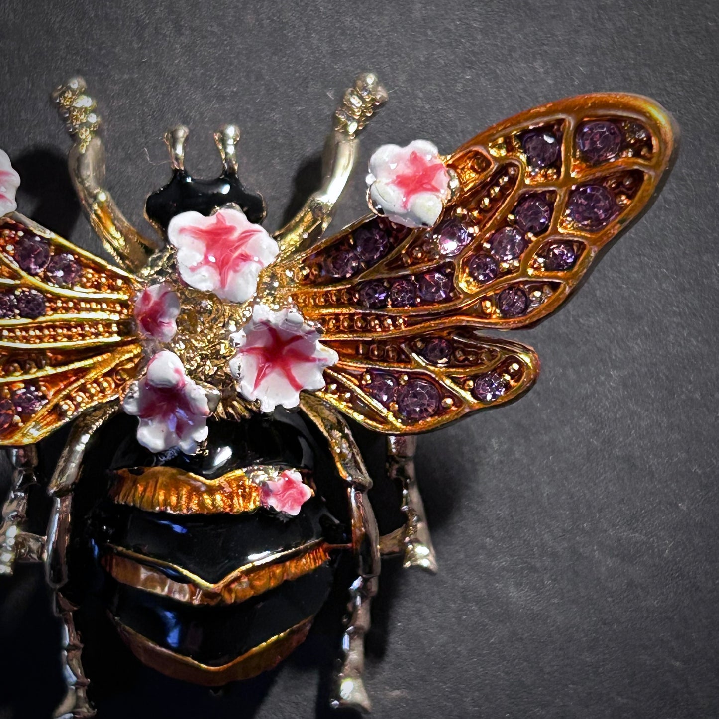 Bee & Flowers Enamel Amethyst Rhinestone Brooch