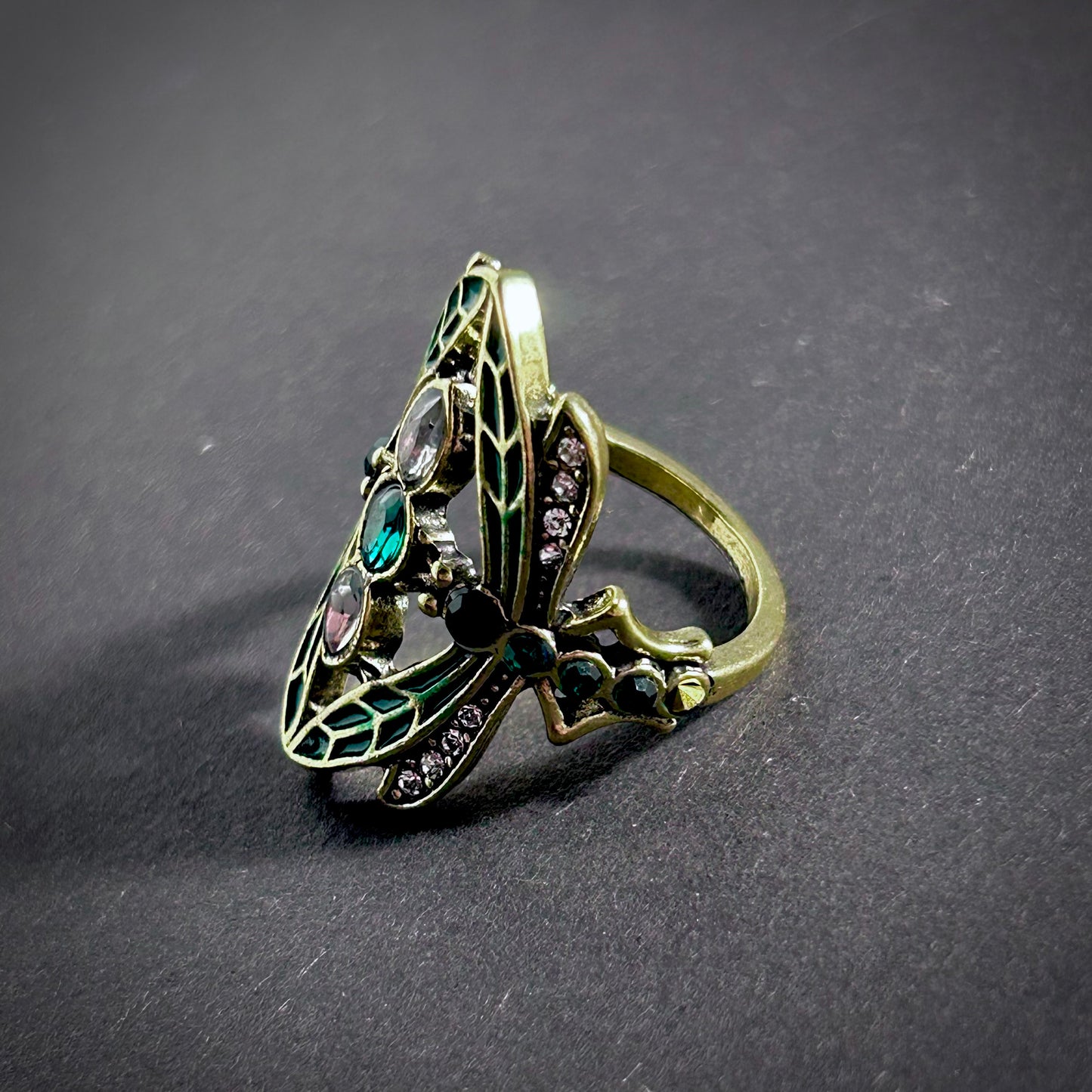 Art Nouveau Dragonfly Cloisonné Enamel & Rhinestones Ring