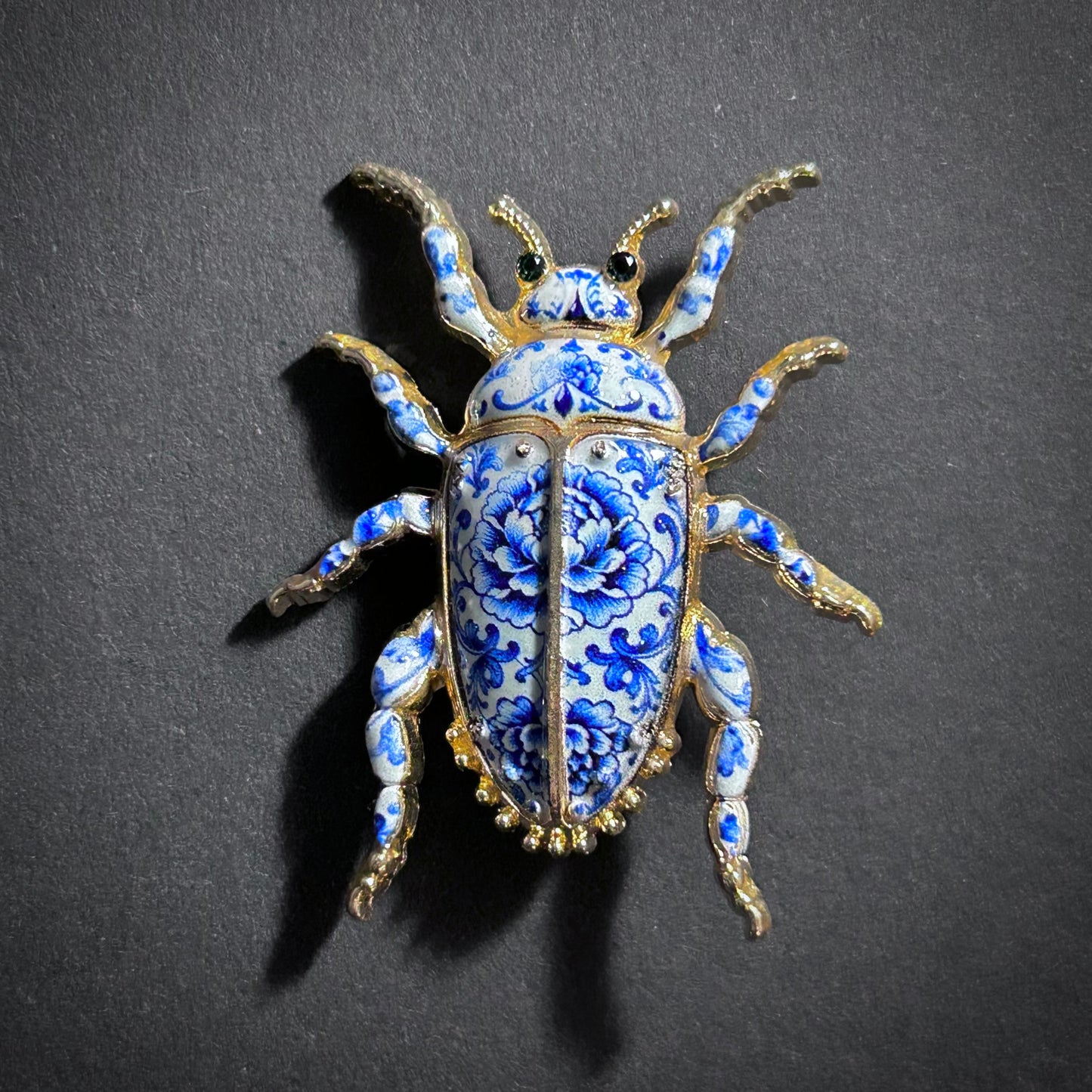 White & Blue Porcelain Enamel Gold Beetle Brooch