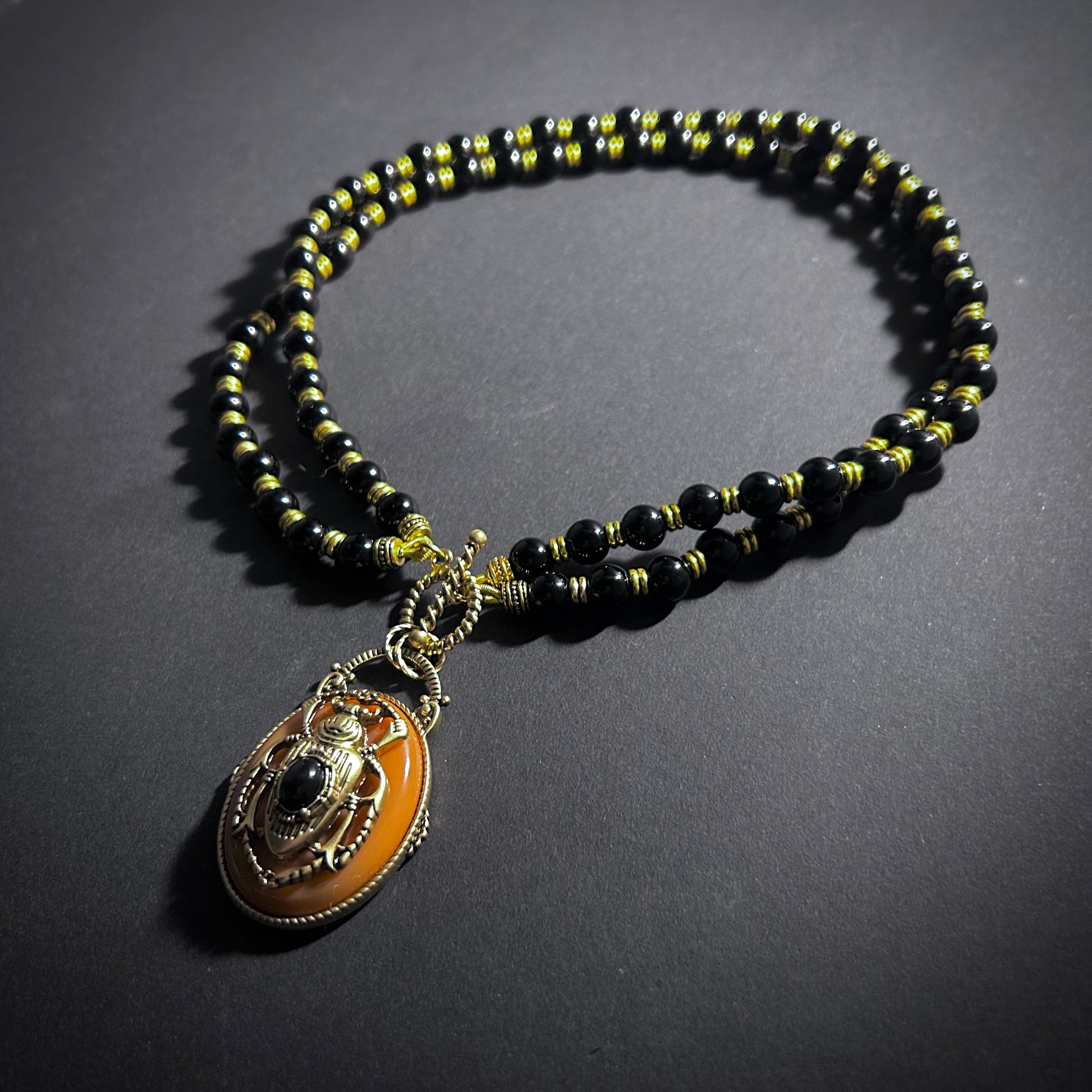 Scarab Beetle Orange Enamel & Antiqued Gold Statement Toggle Necklace