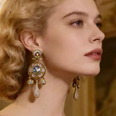 Victorian Micro Mosaic Chandelier Earrings in Gold