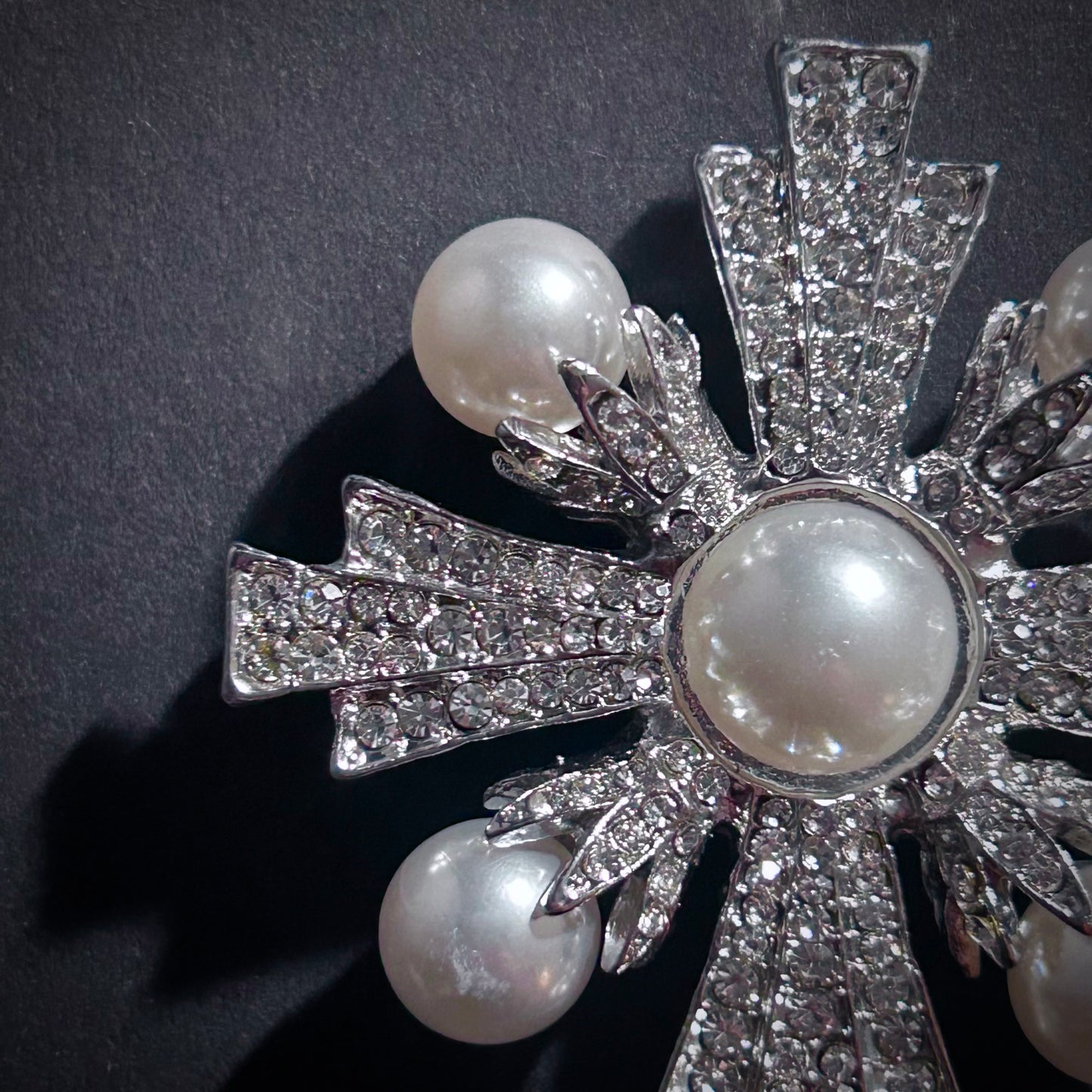 Art Deco Silver and Pearl Maltese Cross Rhinestone Brooch