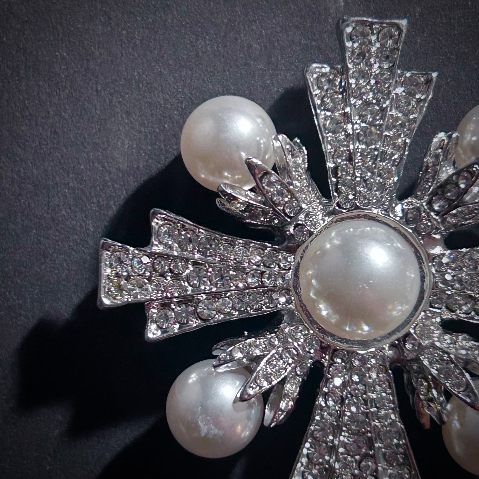 Art Deco Silver and Pearl Maltese Cross Rhinestone Brooch