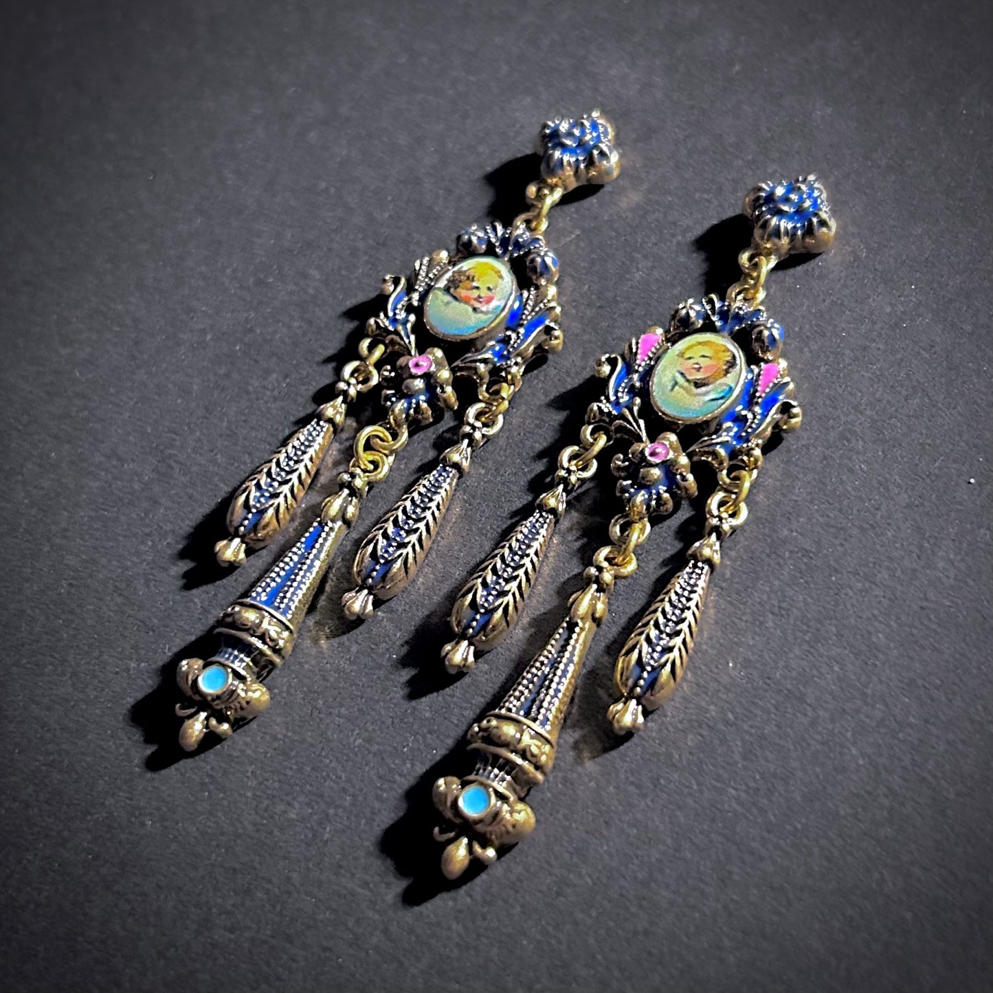 Rococo Enamel, Milgrain & Cherub Chandelier Earrings in Gold & Dark Blue
