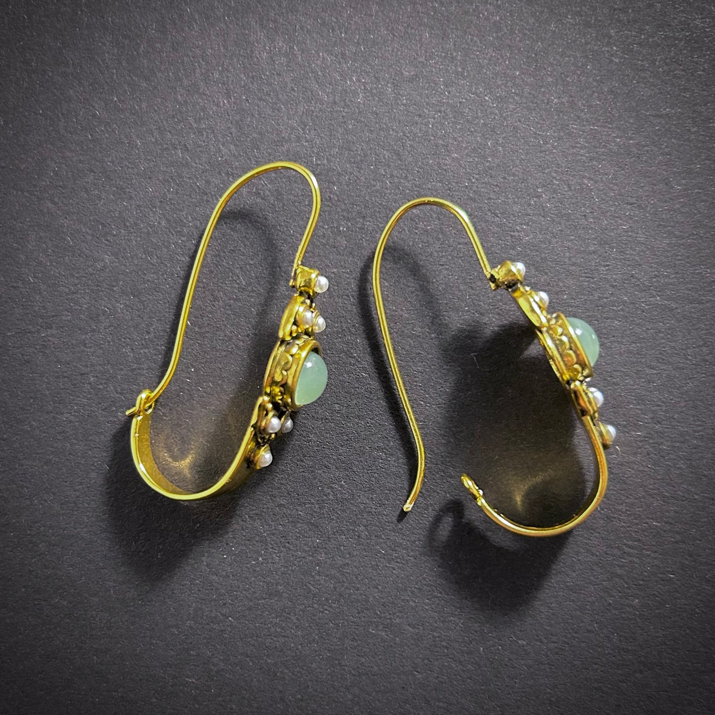 Art Nouveau Hoop Earrings in Jade, Pearl & Gold