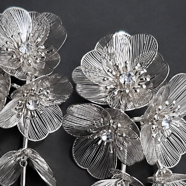 Light Flower Cluster Falling Petals Dangle Earrings in Silver