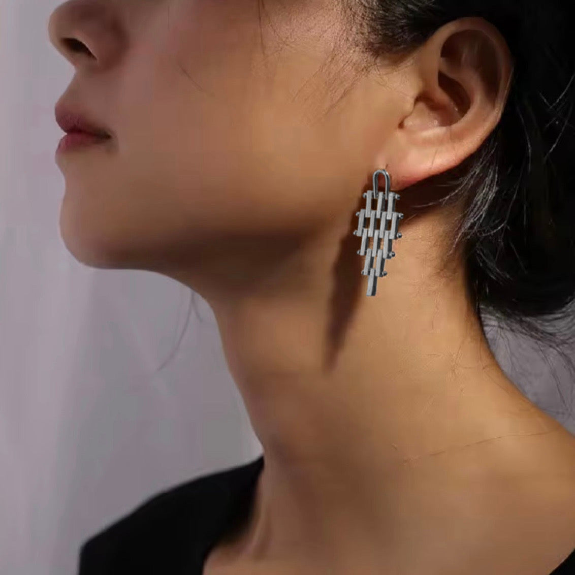Geometric Hinged Six Level Earrings in Silver