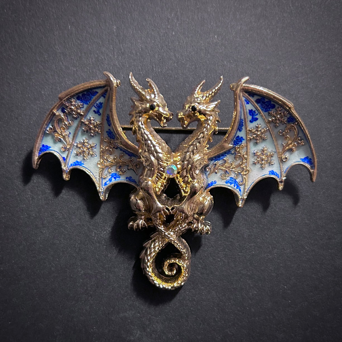 White & Blue Porcelain Enamel Gold Dragon Brooch