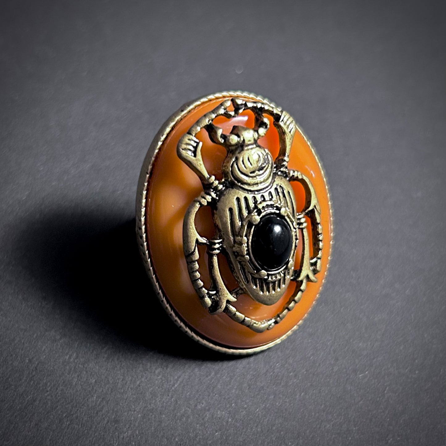 Scarab Beetle Orange Enamel & Antiqued Gold Statement Ring