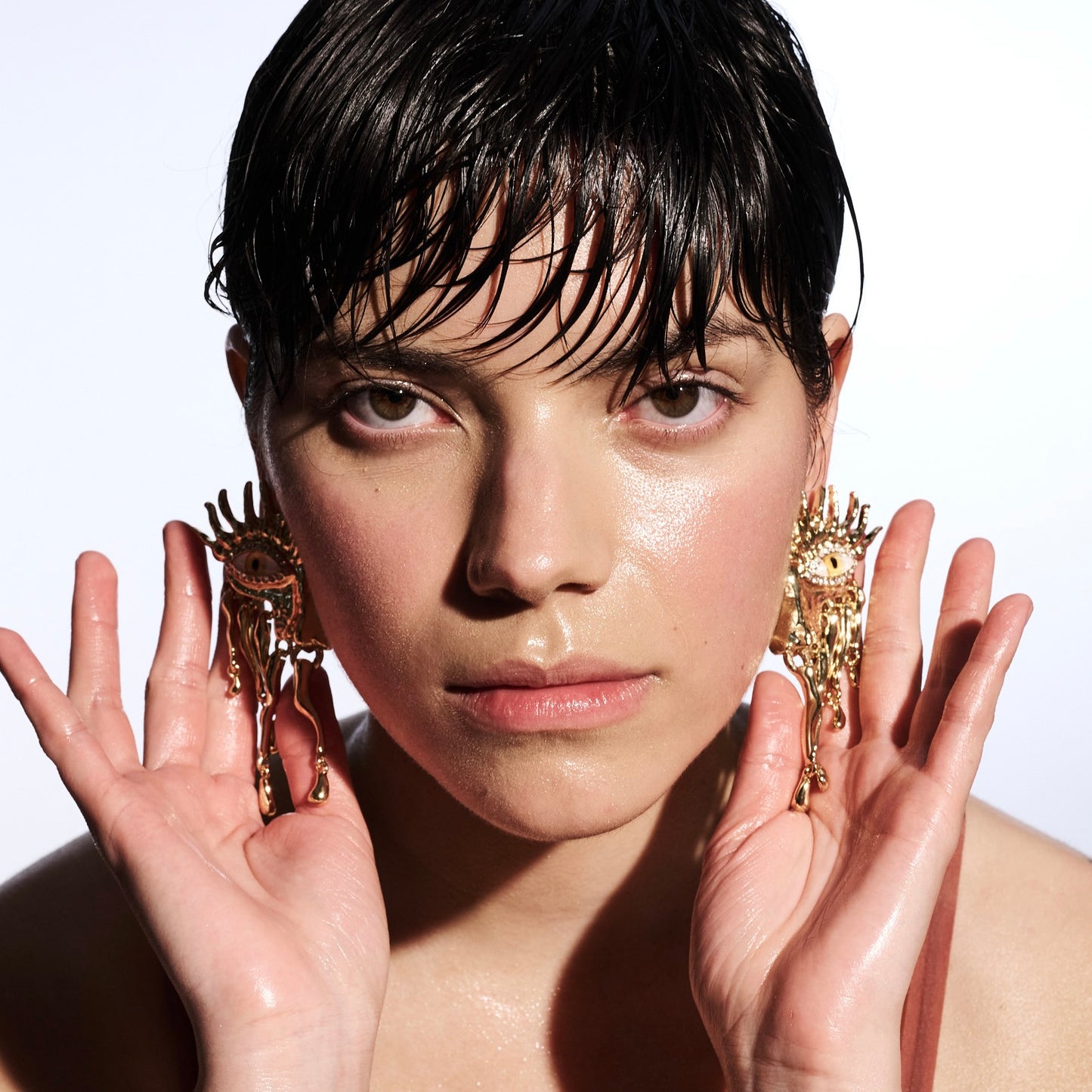 Yellow Eye Dripping Metal Fringe, Gold & Rhinestones Surrealist Earrings