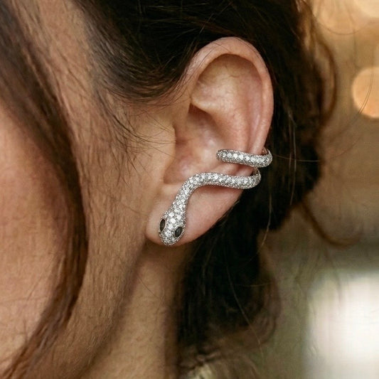 Snake Stud & Cuff Statement Earrings in Silver with Emerald Eyes