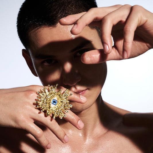 Blue Eye & Rhinestone Broad Fringe Large Gold Adjustable Surrealist Ring