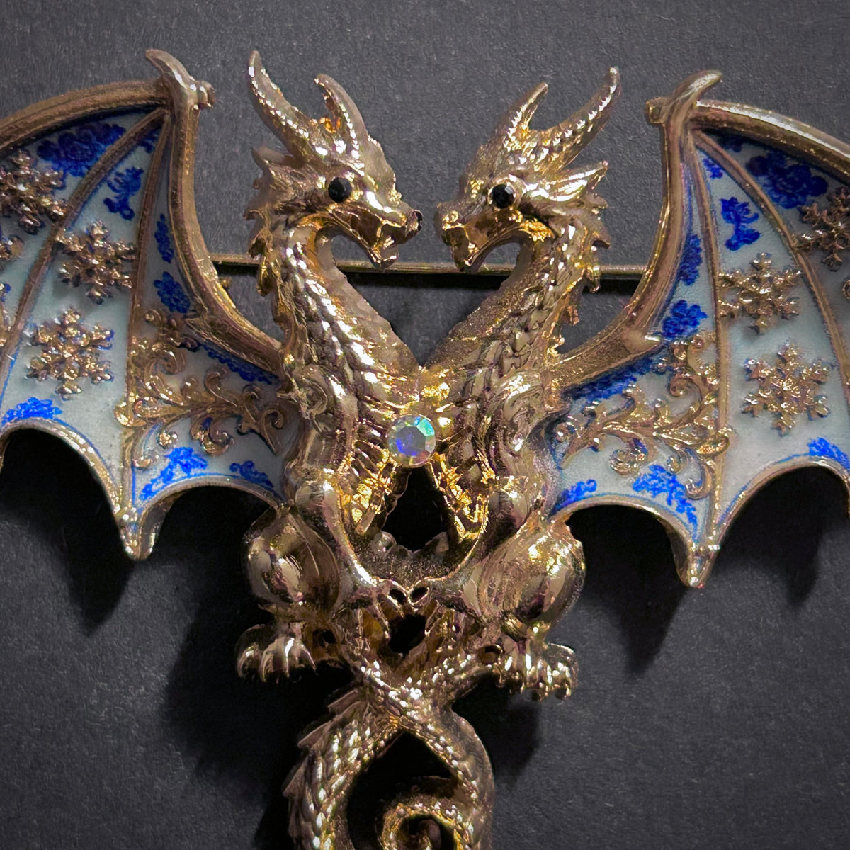 White & Blue Porcelain Enamel Gold Dragon Brooch