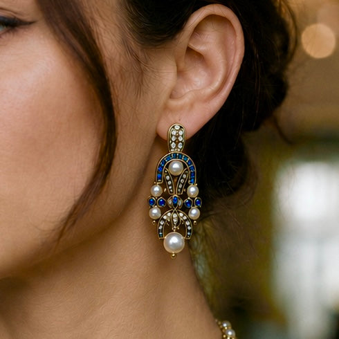 Art Deco Pearl & Turquoise Gold Earrings