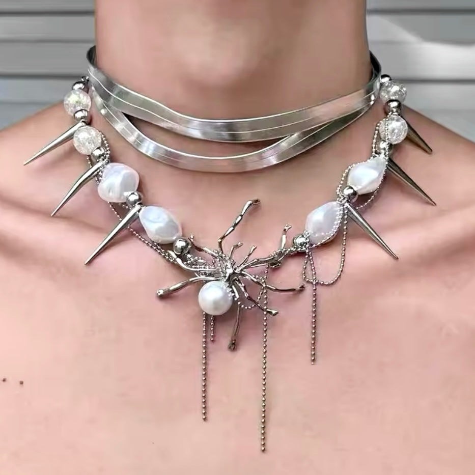 Spider, Spikes & Baroque Pearl Silver Punk Choker Necklace