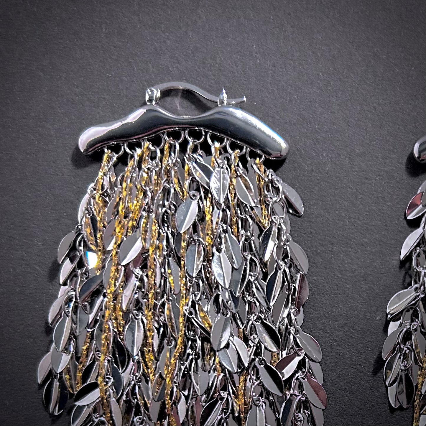 Leaves & Chain Organic Shaped Mixed Metal Tassel Statement Earrings