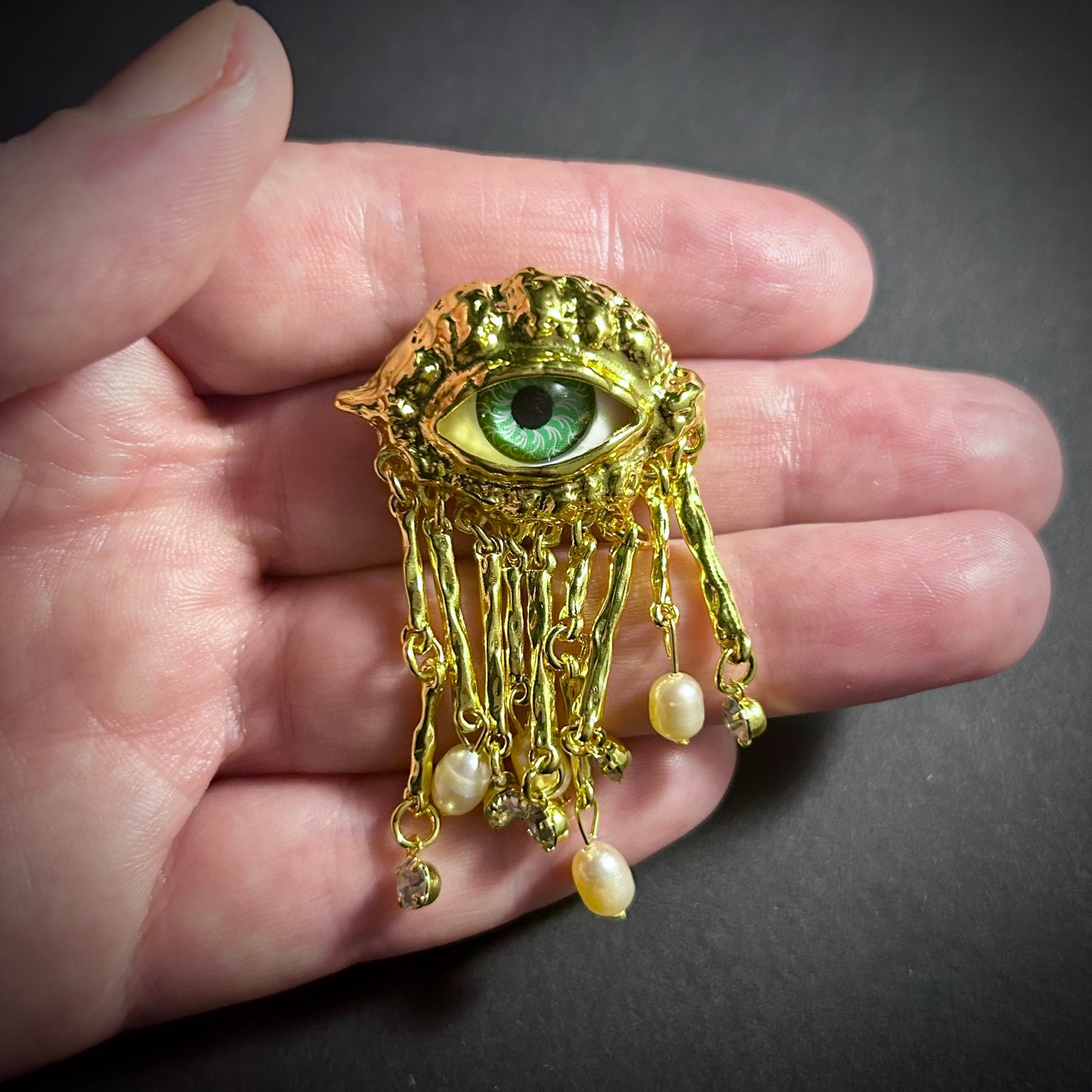 Green Eyes & Baroque Pearl Gold Fringe Surrealist Brooch