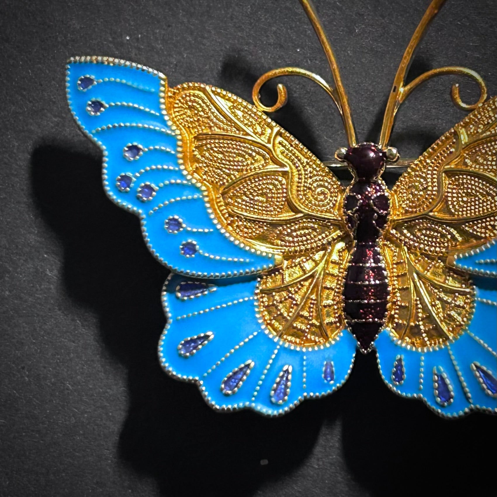 Intricate Butterfly Brooch with 18K Gold Plating & Blue Cloisonné Enamel