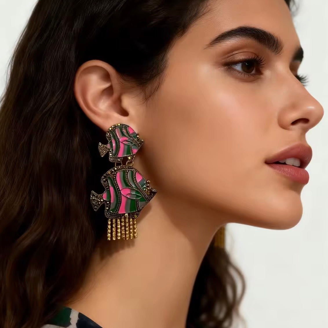 Fish Pink & Green Enamel with Golden Rhinestone Statement Earrings
