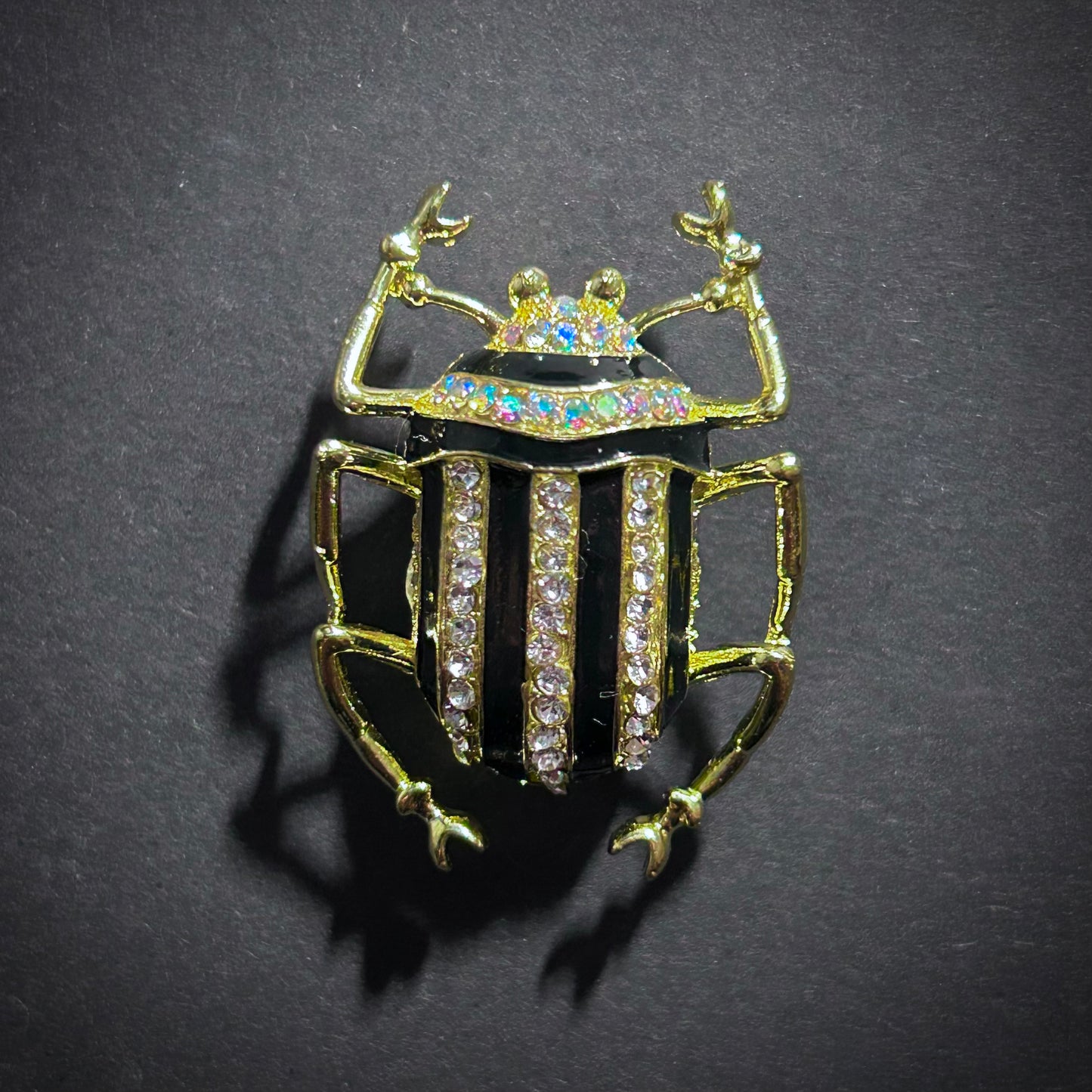 Art Deco Black Enamel & Rhinsestone Gold Beetle Brooch