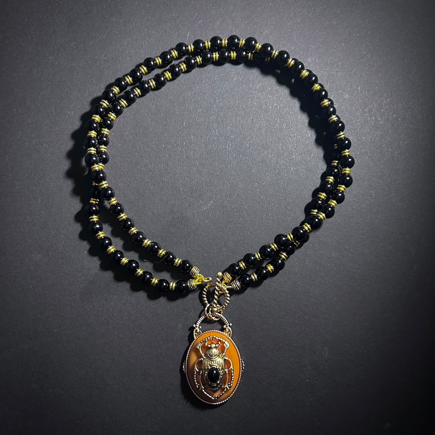 Scarab Beetle Orange Enamel & Antiqued Gold Statement Toggle Necklace