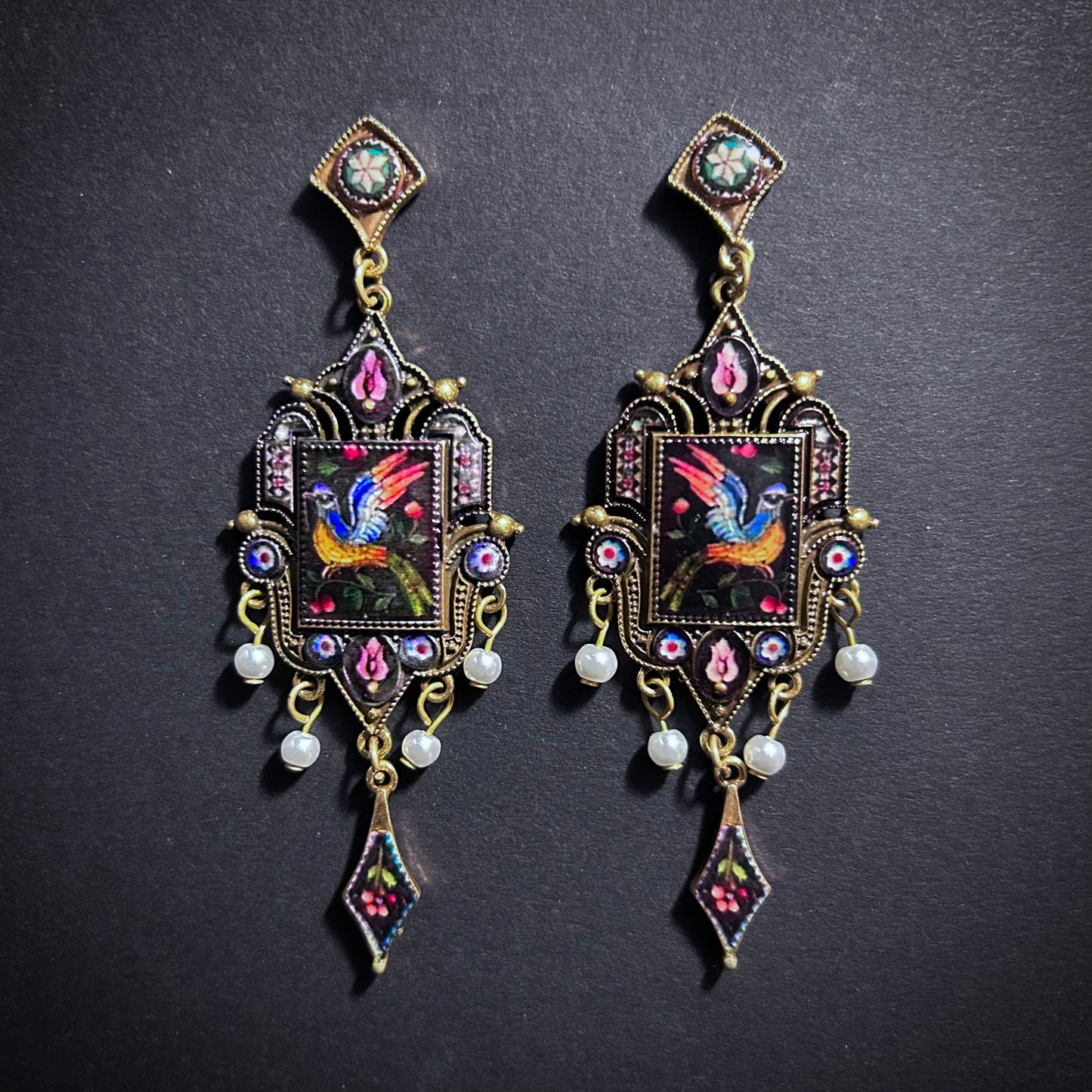 Art Nouveau Black Bird Enamel Miniature Painting & Milgrain Earrings