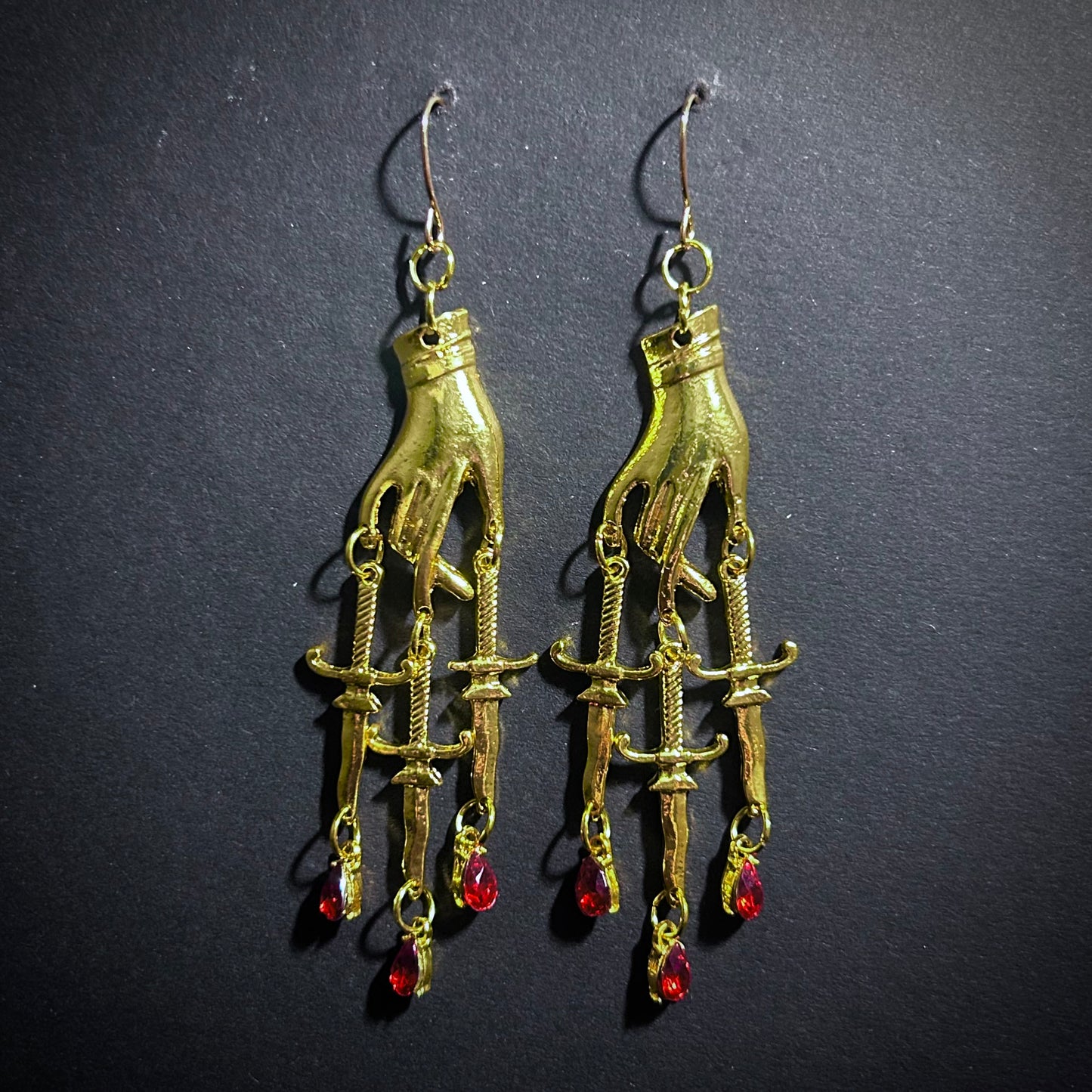 Hand, Dagger & Blood Drops Bad-Ass Golden Chandelier Earrings