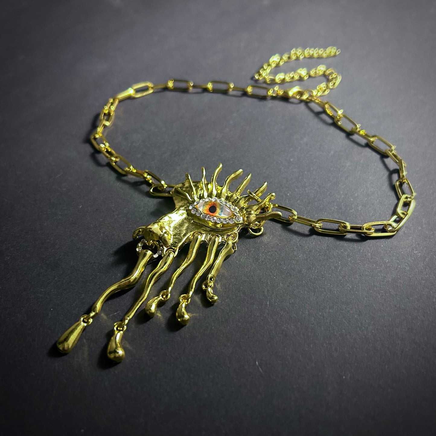 Yellow Eyes Dripping Metal Fringe, Gold & Rhinestones Necklace