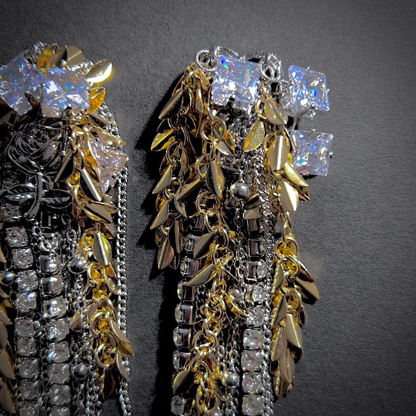 Leaves, Chains & Cubic Zirconia Mixed Metal Tassel Statement Earrings