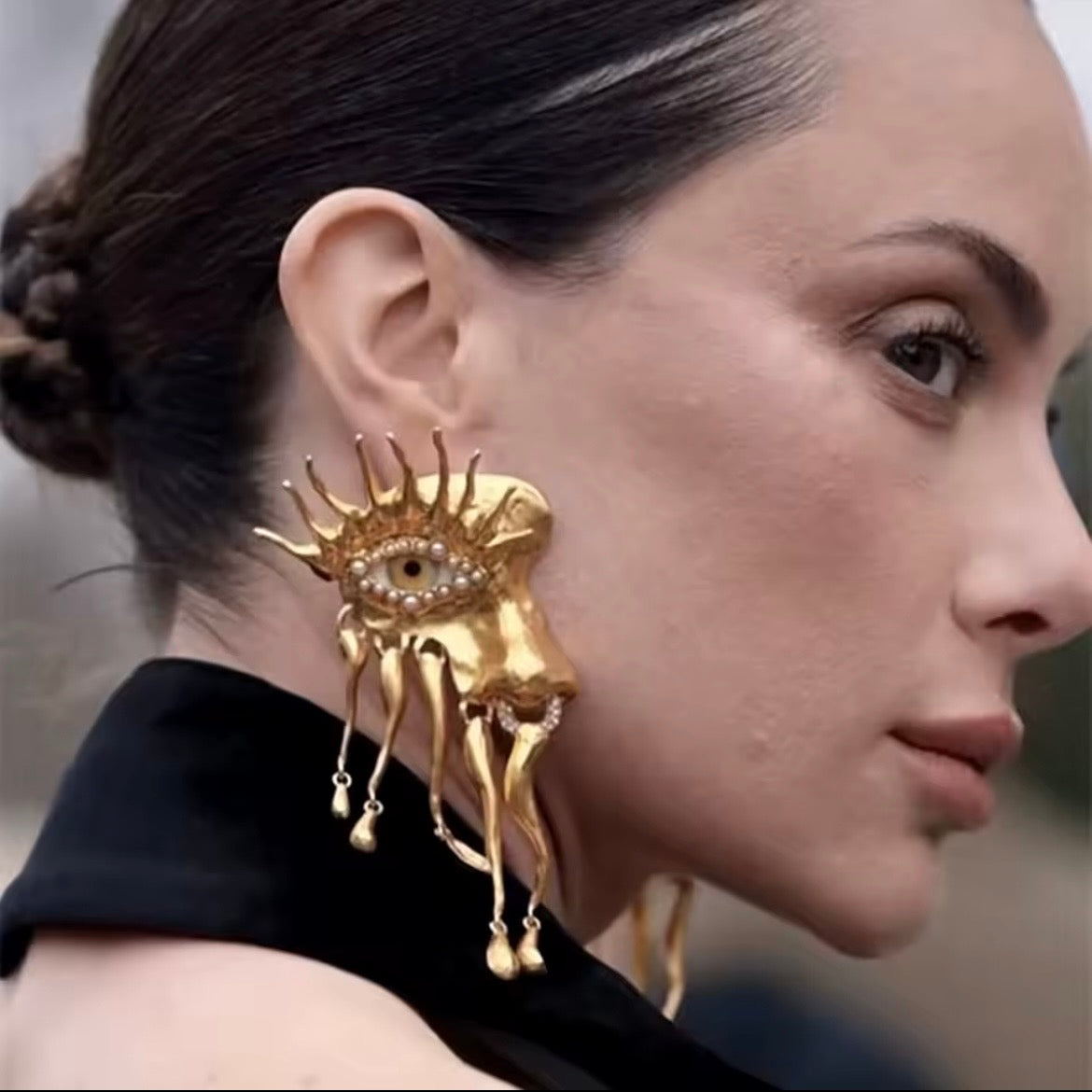 Yellow Eye Dripping Metal Fringe, Gold & Rhinestones Surrealist Earrings